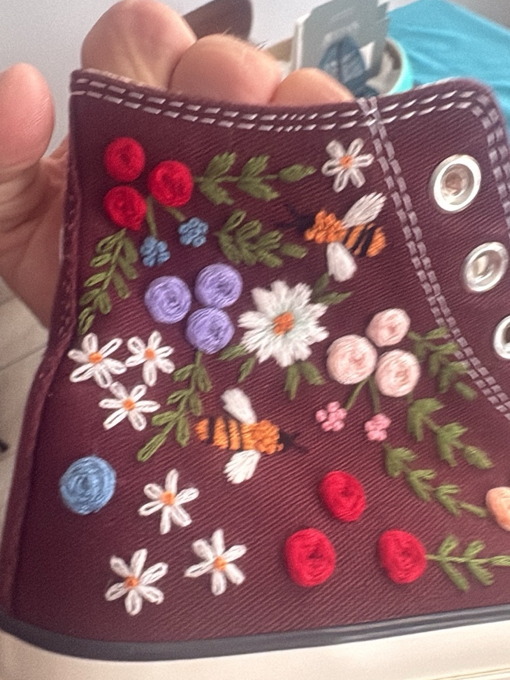 Converse Maroon High-Top Sneakers with Multicolor Floral Embroidery - Picture 4 of 4